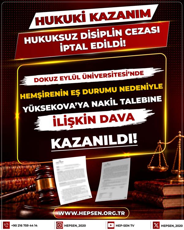 Dokuz Eylül Üniversitesi’nde Hemşirenin Eş Durumu Nedeniyle Yüksekova’ya Nakil Talebine İlişkin Dava Kazanıldı